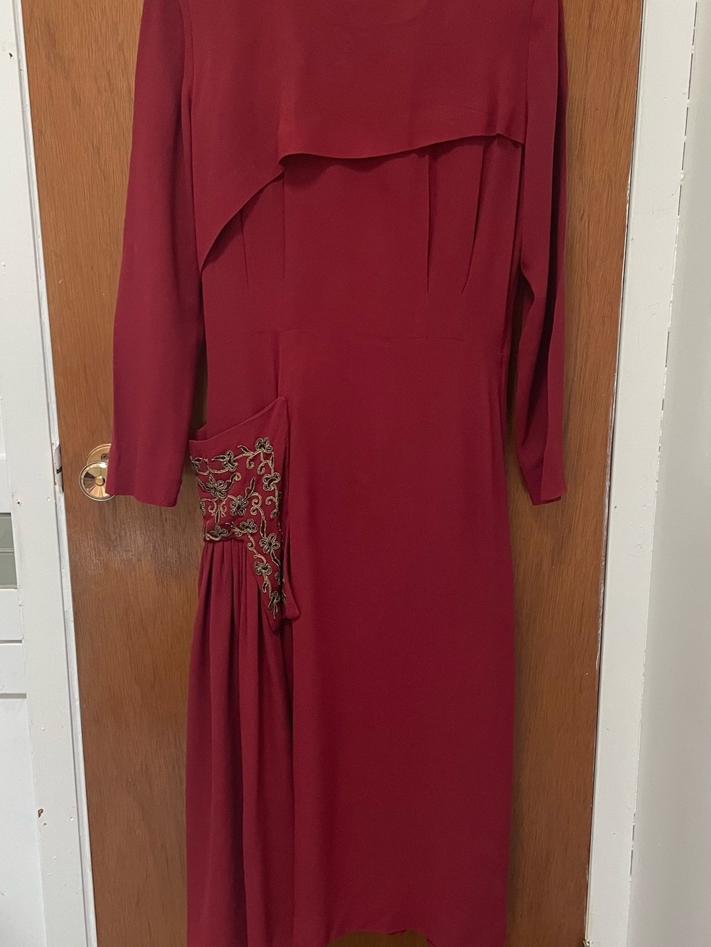 Women's Long-Sleeve Burgundy Evening Dress with Embellished Drape